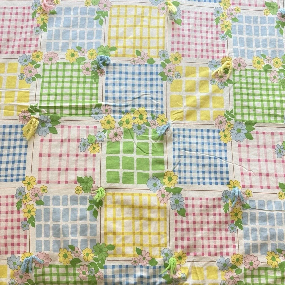 Vintage Quilt Blanket 65x45 Floral Gingham Patchwork Tied Pastel Nursery Retro